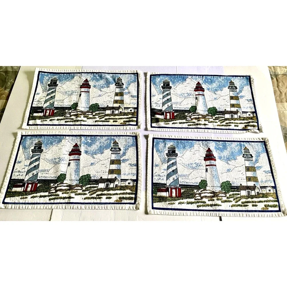 Nautical Lighthouse Placemats Off White Cotton Blend Set Of 4 Beach Sea Ocean